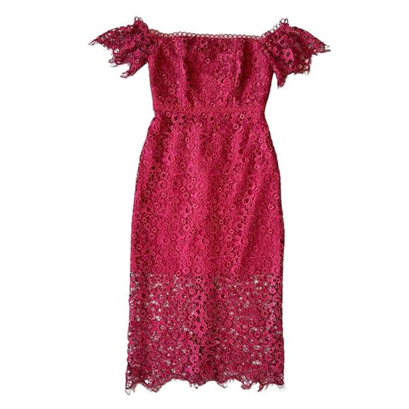 ML Monique Lhuillier Womens Red Raspberry Off The Shoulder Lace Overlay Dress 0P - Picture 3 of 13